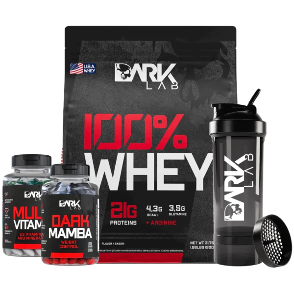 DARK LAB - KIT 100% Whey Refil 900g Dark Mamba + Multivitamin 60 Capsulas + Coqueteleira Premium 700ml - Dark Lab